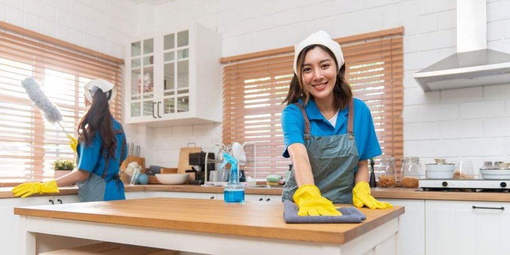 Two women cleaning the kitchen.