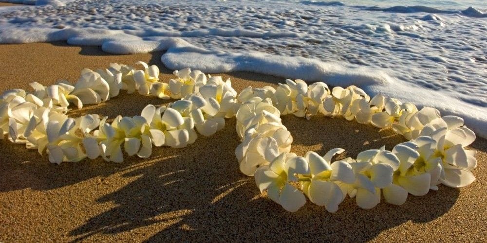 Two Hawaiian leis on the beach.